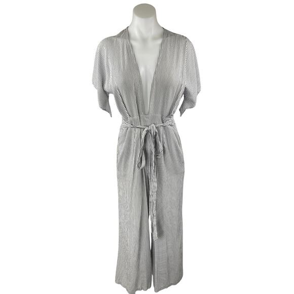 Skylar + Madison White Black Striped Short Sleeve Plunging Wide Leg Jumpsuit M - Picture 1 of 5
